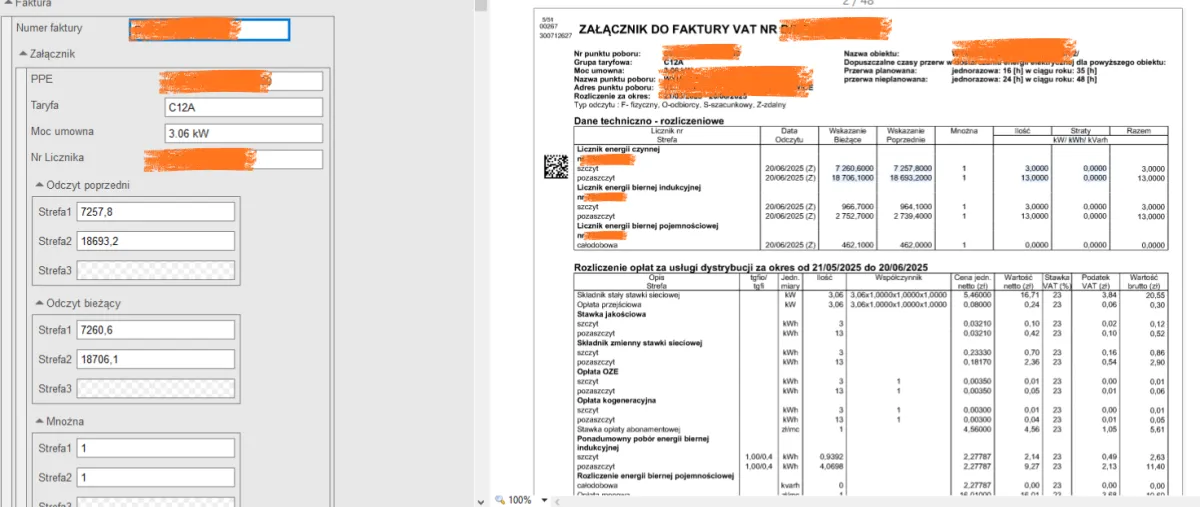 Dokument PEC z tabelarycznym układem danych energetycznych